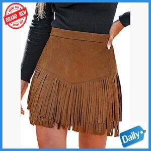Western Fringe Suede Mini Skirt High Waist Tassel Country Concert